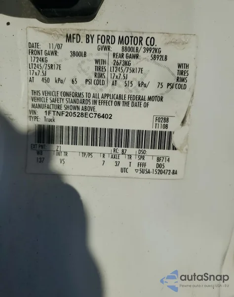 2008 Ford F250 Super Duty z USA, uszkodzony, nr VIN 1FTNF20528EC76402